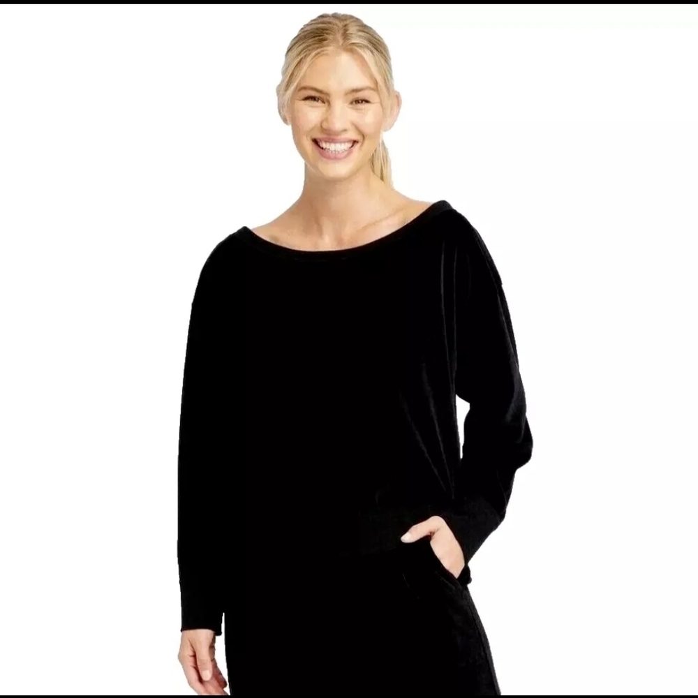 NWT JoyLab Black Velour Cropped Relaxed Fit Sweatshirt Women's Size XL - Picture 2 of 16